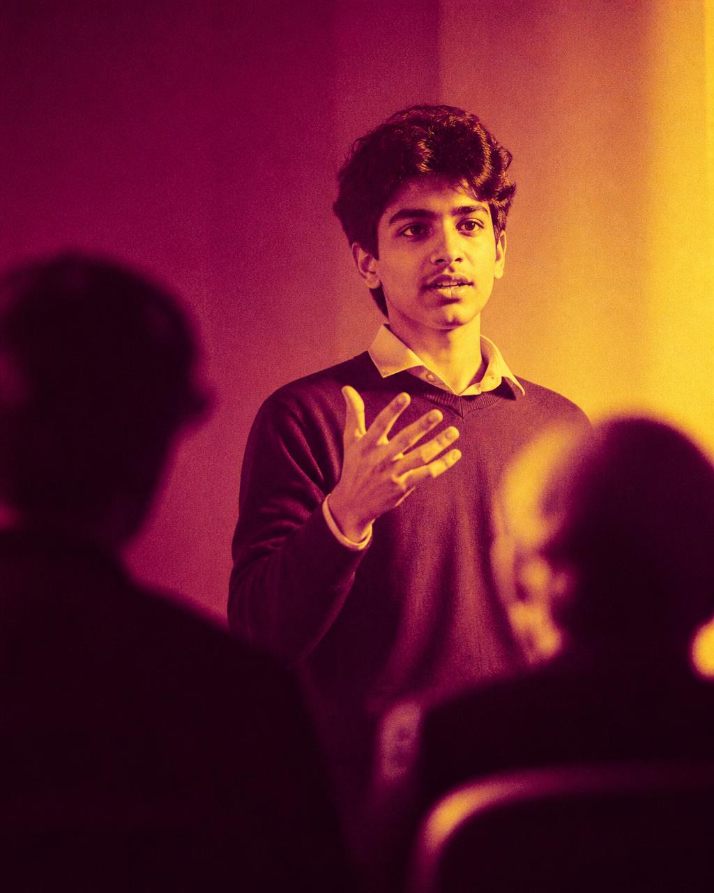 A high school founder pitching an idea to a judging panel